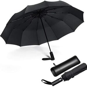 JIGUOOR Umbrella Windproof Travel Compact Umbrella, 12 Ribs Strong Folding Umbrella Automatic Large Rain Umbrellas w/Teflon Coating, Wind Resistant with Leather Case for Men Women (Black)