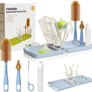 YOTIME Travel Bottle Brush Set, Travel Bottle Cleaner Kit with Foldable Bottle Drying Rack, for Visit Friends and Relations, Baby Travel Essentials, BPA Free - Blue