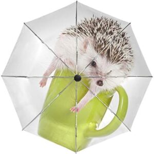 Wamika African Hedgehog Green Cup Automatic Umbrella Animal White Windproof Waterproof UV Protection Travel Umbrella - 3 Folds Auto Open/Close Button Sun&Rain Car Umbrella