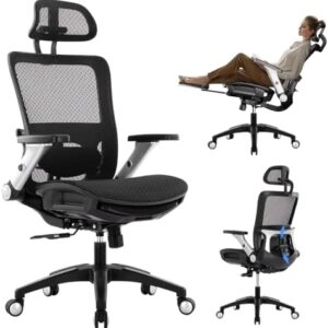 COLAMY Ergonomic Mesh Office Chair with Footrest - High Back Computer Desk Chair with Headrest, 4D Flip-up Armrests, Adjustable Tilt Lock, and Lumbar Support for Ultimate Comfort, Black