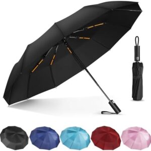 Lychico Umbrella, Windproof Travel Umbrella - Compact Automatic Folding Umbrellas for Rain, 12 Ribs Wind Resistant Portable Umbrellas for Single Hand Use, Small,Light, Strong Backpack Umbrella, Black