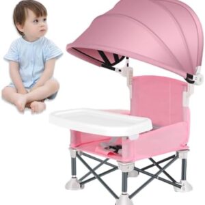 Foldable Baby Travel Seat Booster with Canopy and Removable Tray, Portable Toddler Camping Chair, Portable Dining Table, Camping, Beach, Kitchen Feeding Chairs (Pink)