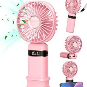 FAPPEN Mini Handheld Fan, Portable USB Hand Held Fan, Rechargeable 5 Speeds Folding Hand Fan with Base and Lanyard for Home Office Bedroom Outdoor Travel(Pink)