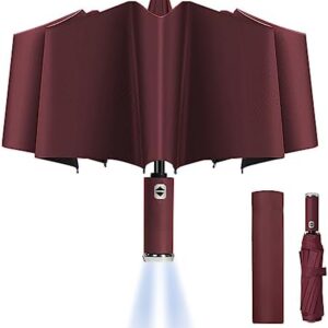 Vicloon Folding Umbrella, Travel Umbrella with LED Light, 10 Ribs Auto Open/Close Golf Umbrella, Compact Windproof Umbrella, Sturdy Reinforced Canopy Automatic Portable Umbrella - Wine Red