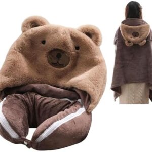 IXITON Cartoon Animal Travel Pillow Blanket, 2 in 1 Neck Pillow with Hood Wearable Blanket Poncho, Airplane, Car, Office & Home Sleep Rest Pillow Blanket (bear)