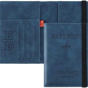 Cooja Passport Holder Cover Travel Wallet Organiser, Passport Case with RFID Blocking, PU Leather Travel Document Holder for Men&Women Travel Accessories (Blue)