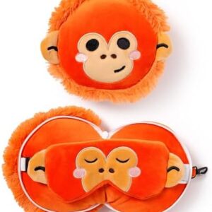 Relaxeazzz Adoramals Orangutan Round Plush Travel Pillow & Eye Mask - Sleep Eye Mask Masks - Kids Travel Accessories For Sleeping Airplane - Flight Plane Neck Pillow Pillows