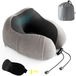 Good Nite Travel Pillow Neck Memory Foam Support Pillow for Adults Travel Airplane Camping Car Train Office Pillow Flight Plane Pillows with Ear Plugs Eye Mask Carry Bag Grey