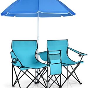Double Camping Chair, Folding Loveseat Chairs with Umbrella, Ice Bag, Cup Holders & Carry Bag, Outdoor Portable Leisure Lover Chairs Set for Beach Picnic Travel Fishing (Turquoise)
