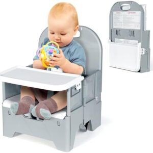 Orzbow Foldable Toddler Booster Seat Dining Chair,Stable Baby Chair Booster Seat Toddler with Dining Tray,ABS Material and Sturdy Structure,Easy to Use and Carry,for Max 36 Months and 15kg Babies,Grey