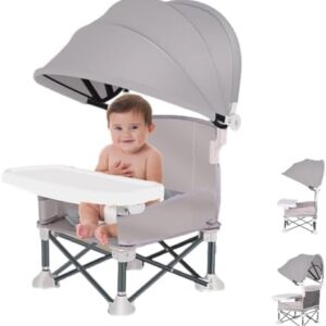 Little Bean Foldable Baby Booster Seat Dining Chair with Detachable Sunshade Travel Portable with Removable Tray for Indoor Outdoor Open Sit Folding Booster Feeding/Camping Chair for Toddler (Grey)