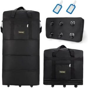 Expandable Extra Large Travel Oxford Duffel Bag with 6 Wheels, Black Waterproof Lightweight Traveling Foldable Suitcase, 90 * 50 * 30cm, Including 2 Boarding Pass