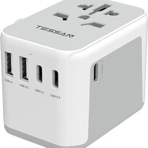 TESSAN Universal Travel Adapter 28W, Worldwide Plug Adaptor with 2 USB A and 3 USB C Ports, International Travel Adapter for EU, UK, USA, AU, Power Socket Charger for Multi Countries, Grey White