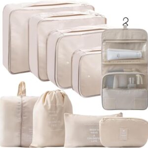 packing cubes for suitcases 9 PCS Packing Cubes compression packing cubes Travel Luggage Packing Organisers Waterproof Bags travel accessories Clothes Shoes Cosmetics Toiletries Storage Bags(Beige)