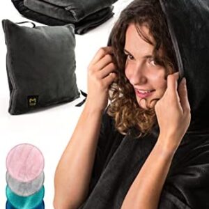 MasterManner Travel Blanket Airplane Compact with Hoodie – 2in1 Airplane Travel Accessories from Plane Blanket to Travel Pillow with Luggage Strap, Soft Handle & Secure Pocket, Black