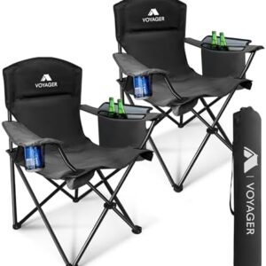 Voyager Folding Camping Chairs 2 Pack with Cooler Bag, Lightweight Q195 Steel Frame, 600D Oxford Fabric, Portable & Comfortable - Black