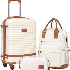 COOLIFE Suitcase Trolley Carry On Hand Cabin Luggage Hard Shell Travel Bag Lightweight with TSA Lock,The Suitcase Included 1pcs Travel Backpack and 1pcs Toiletry Bag (White/Brown, 20 Inch Luggage Set)