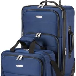 Amazon Basics 2-Piece Softside Suitcase, Expandable Carry-On Luggage (58 cm) and Tote Bag (25 cm), Lightweight 100% Polyester, Stackable Luggage Set, Navy Blue