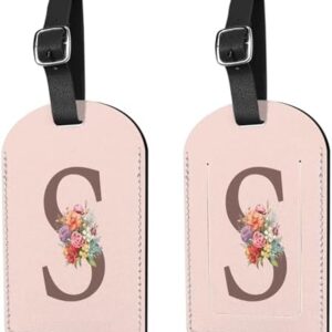 2 Pack Initial Letter Luggage Tag Monogram Suitcase Tags PU Leather Cover Aesthetic Cute Monogrammed Travel Bag Labels for Women Girls Men (Pink-S)