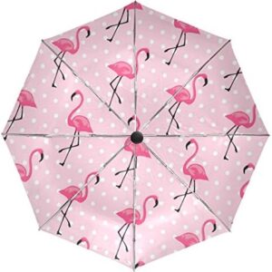 Pink Flamingo Automatic Umbrella Polka Dot Bird Windproof Waterproof UV Protection Travel Umbrella - 3 Folds Auto Open/Close Button Sun&Rain Car Umbrella