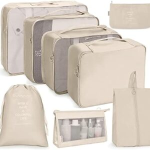 Packing Cubes 8pcs Compression Luggage Organiser Bags Waterproof Travel Essentials for Flying Suitcase (QC01BE-DDD), Beige