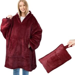 Catalonia Classy Oversized Travel Hoodie Blanket, 2 in 1 Portable Hooded Sweatshirt Blanket, Fluffy Sherpa Wearable Blanket and Travel Pillow, Warm Gifts for Adults Women Men Friends
