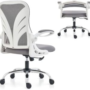 HOLLUDLE Ergonomic Office Chair with Foldable Backrest, Computer Desk Chair with Flip-up Armrests, Mesh Lumbar Support and Tilt Function Big and Tall Office Chair, White