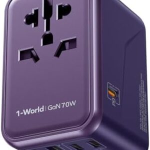 MOMAX Universal Travel Adapter,70W GaN Travel Plug Adapter with UK/EU/AU/US Plugs, 3USB-C PD & 2USB-A QC International Adapter Charger, Adapter Plug for Laptops Phones Vision Pro 1-World-Purple