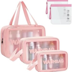 5Pcs Clear Toiletry Bag, Waterproof PU Makeup Bag with Zipper Handle, Portable Airport Cosmetic Bag for Women & Men, Travel Accessories Wash Bag for Travelling & Holiday (Pink)