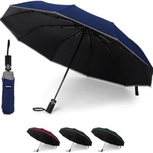 KEPLIN Folding Travel Umbrella, Automatic Open & Close Ergonomic Handle, Golf Umbrella 10 Ribs, Portable Slim Strong Lightweight Umbrella, Travel Approved Umbrella