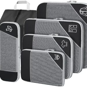 6 PCS Compression Packing Cubes, Black Extensible Ultralight Packing Cubes for Suitcases, Suitcase Organiser Bags Set, Travel Cubes Organiser Bags Packing Cubes for Suitcases Backpack Luggage