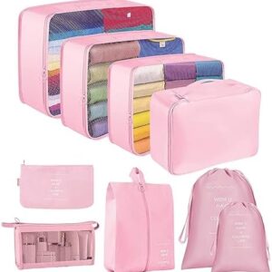 Packing Cubes for Suitcase,Lychico 9pcs Travel Luggage Packing Organizers Waterproof Travel Essentials Bag Clothes Shoes Storage Bags, Pink