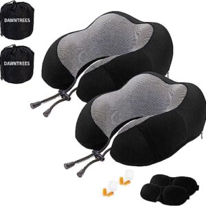 DAWNTREES 2 pack Travel Pillow Neck Support,Pure Memory Foam Neck Pillows for Travel Airplane, Business Trip with Luxury Bag, Travel Kit with 3D Contoured Eye Masks, Earplugs.……