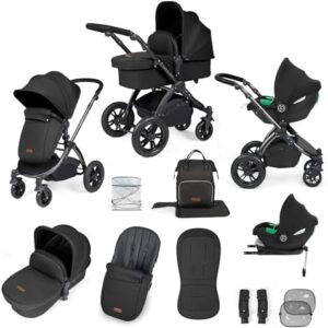 Ickle Bubba Stomp Luxe 12pc Travel System with i-Size Cirrus Car Seat & ISOFIX Base – All-Terrain Pram, Reversible Seat, Carrycot, UPF 50+ Hood, Rain Cover & Accessories (Black/Midnight/Black)