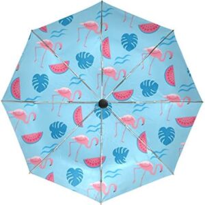 Tropical Pink Flamingo Automatic Umbrella Coral Leaves Windproof Waterproof UV Protection Travel Umbrella - 3 Folds Auto Open/Close Button Sun&Rain Car Umbrella