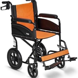 Lightweight Folding Wheelchair - Travel Friendly Foldable Transit Wheel Chair - Adjustable Footrests, Lock Lever Brakes - Orange, Standard 18" Seat