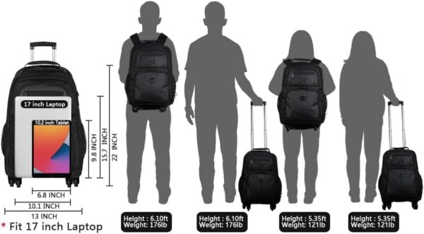 MATEIN Travel Backpack with Wheel, Wheeled Rucksack Suitcase with 4Wheels, 17Inch Laptop Trolley Bag Men Carry On Backpack for Plane Hand Luggage Women Flight Approved Rolling Back Pack for Trip,Black - Image 9