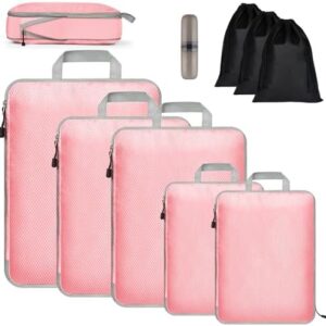 Pystuvo 9 PCS Packing Cubes for Suitcase, Extensible Organizer Bags For Travel Suitcase Organization,Compression Packing Cubes for Travel or Home Storage,Pink