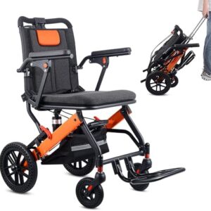 Ultra-Light Transport Wheelchair, Folding Portable Wheelchair with Hand Brake, Trolleys for Elderly Aircraft Travel, Wheelchairs for Adults (with Travel Bag) (with Telescopic Handle)