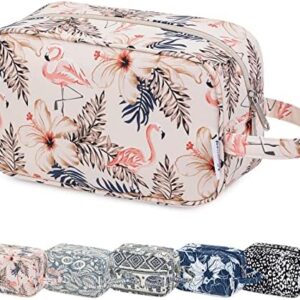 Travel Toiletry Wash Bag for Women Traveling Dopp Kit Makeup Bag Organizer for Toiletries Accessories Cosmetics (Beige Flamingo)