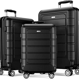 SHOWKOO Luggage Sets 3 Piece Hard Shell PC+ABS Expandable Lightweight Durable Trolley Travel Suitcase with Spinner Wheels TSA Lock, 20" 24" 28" -Black