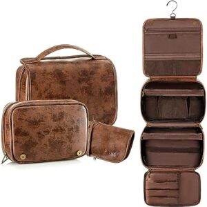 Toiletry Bag Hanging Travel Organizer for Men and Women, 3 in 1 Multifunctional Large Makeup Cosmetic Case for Toiletries Accessories, Water-Resistant PU Leather Bathroom Dopp Kit Shaving Bag