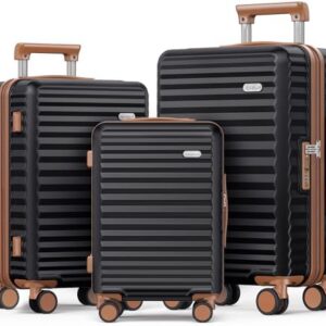 SHOWKOO Suitcase Sets 3 Piece Hardshell 100% PC Expandable Lightweight Carry on Travel Hand Luggage with Double Spinner Wheels & TSA Lock, Elegant Black