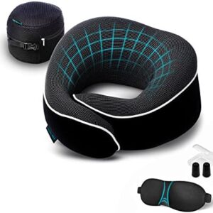 Travel Pillow, Memory Foam Neck Pillow Set, Orthopedic Pillow, Travel Essentials for Flying, Kit with 3D Contoured Sleep Mask, Earplugs and Luxury Mesh Bag (Black)