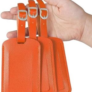 Vividwise Luggage Tags with Name ID Card, Leather Luggage Suitcases Tag for Bag Baggage Travel Accessories 3 Pack (Orange)