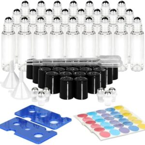 24Pcs, 10ml ComSaf Glass Essential Oil Roller Bottles, Clear Glass Bottles with Stainless Steel Roller Balls, Glass Bottles with Labels, Travel Perfume Bottle, Aromatherapy, for Facial Body Care