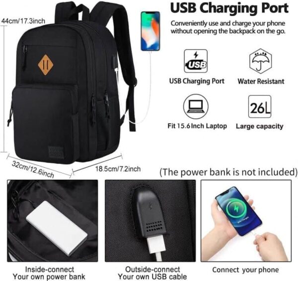 KEOFID Classic Travel backpack for Men and Women, Anti theft Laptop backpack with USB Charging Port for College, Business(Black) - Image 2