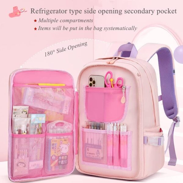 Kawaii Bunny Primary Girls Backpacks Elementary School Bags Bookbags with Refrigerator Front Pocket, Purple-Large - Image 4