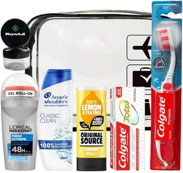 Men's essential travel toiletries kit, including clear travel bag, shampoo, roll on XXL deodorant, shower gel, tooth paste, a portable travel toothbrush with built in case and 2 small empty pots