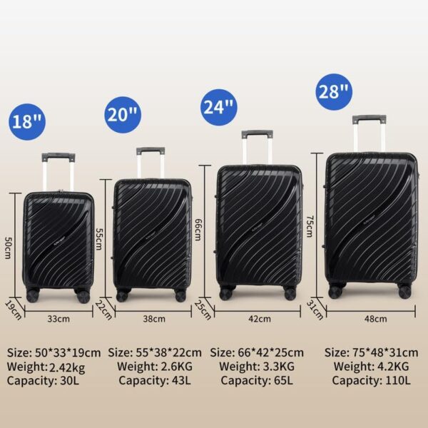 20 Inch Cabin Suitcase 100% Polypropylene Hard Shell with Aluminium Trolley Handle, Real TSA Secure Lock 3 Digit 360° Smooth Wheels Lightweight Suitcase|Black - Image 7